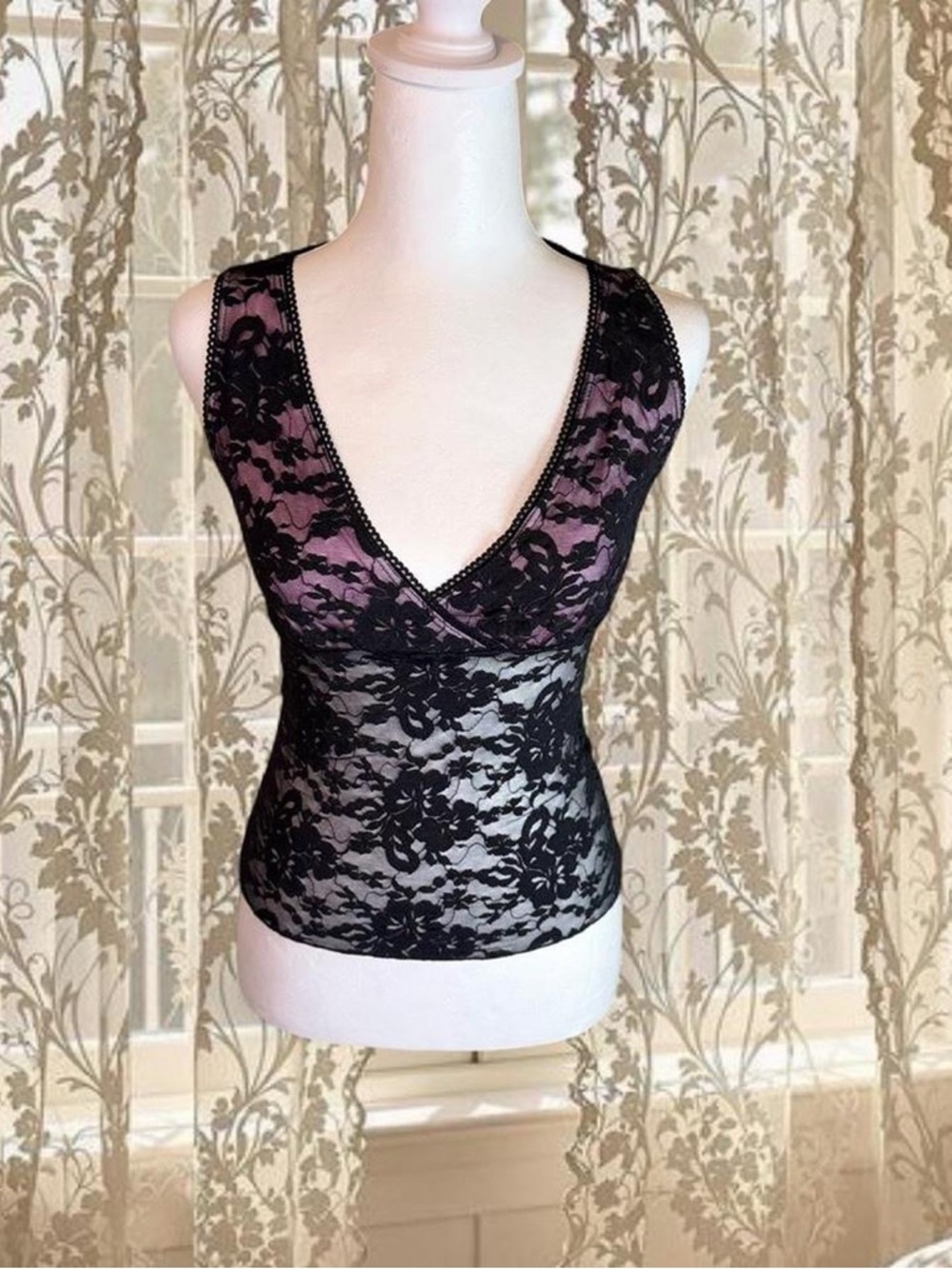 Vintage Y2K Deadstock Black & Pink Fairycore Whimsygoth Lacey Top